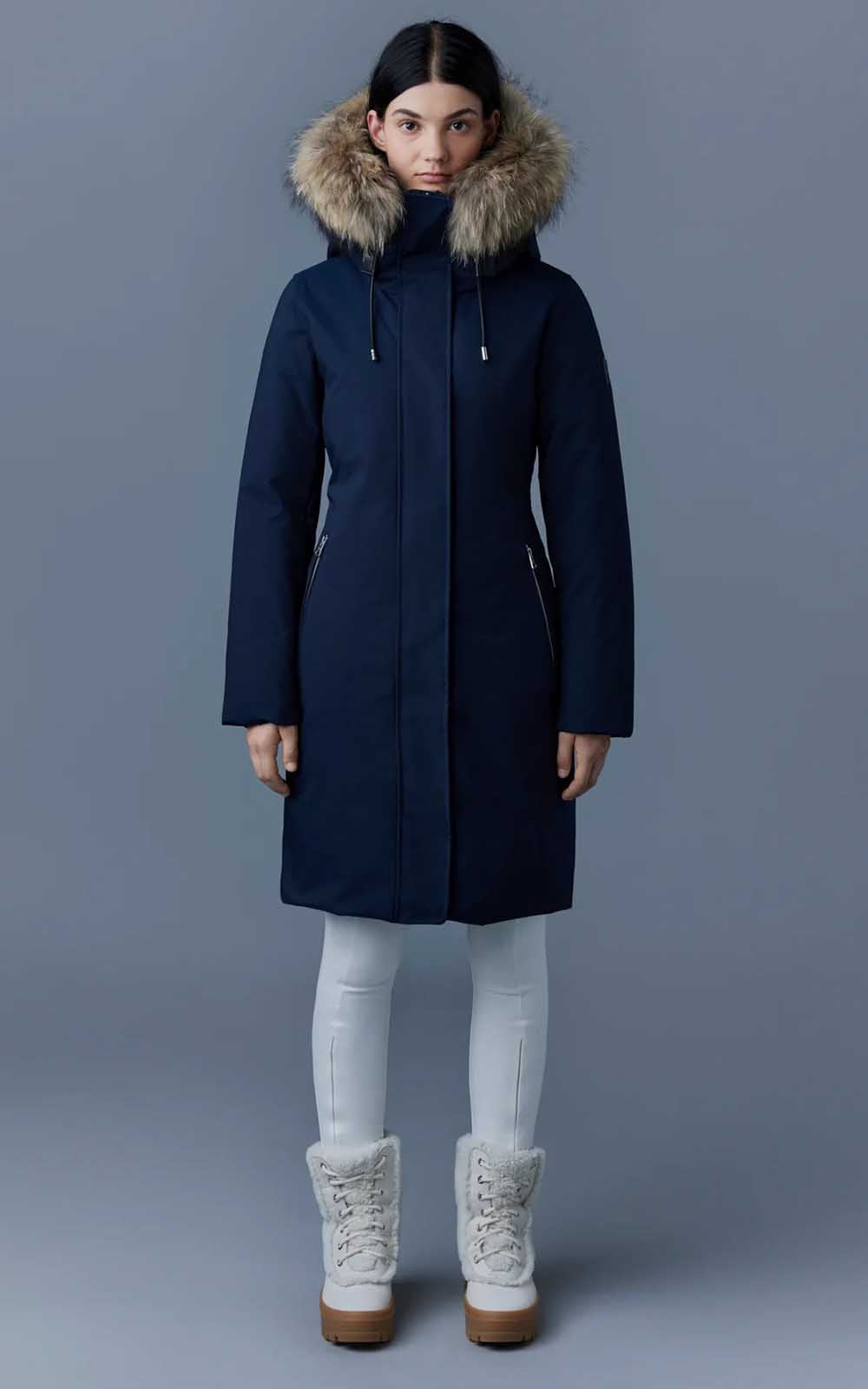 Navy down coat with fur outlet hood