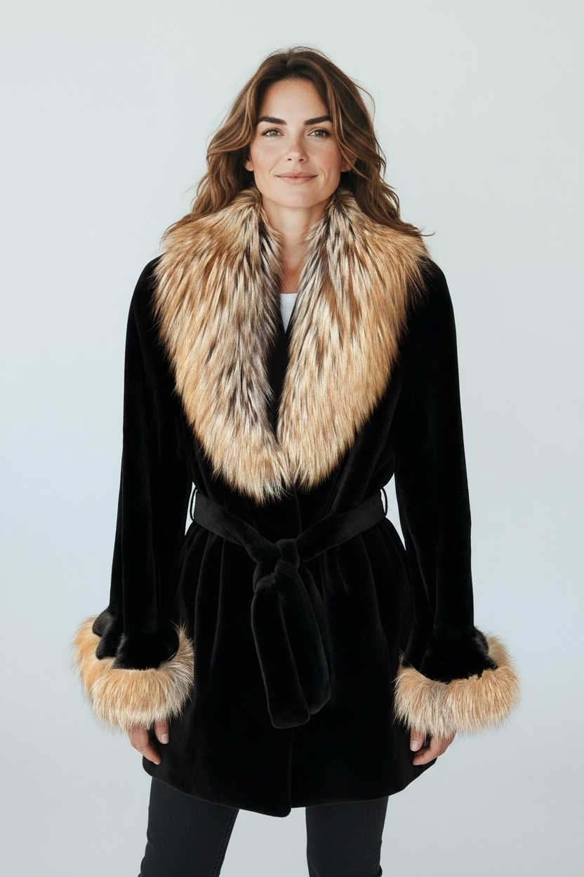 manteau en vison court avec col et manche de renard roux