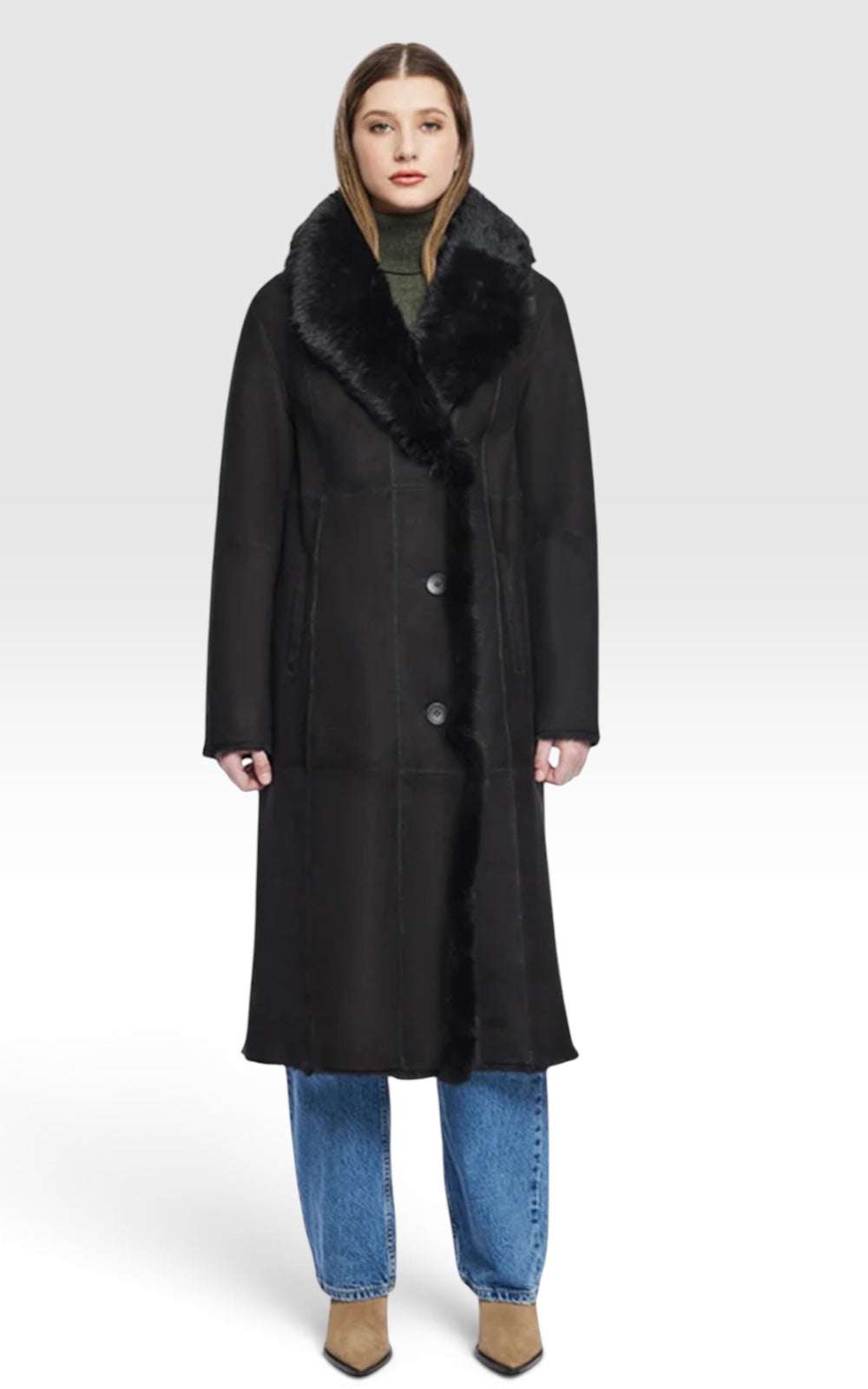 Manteau long en agneau retourné réversible
