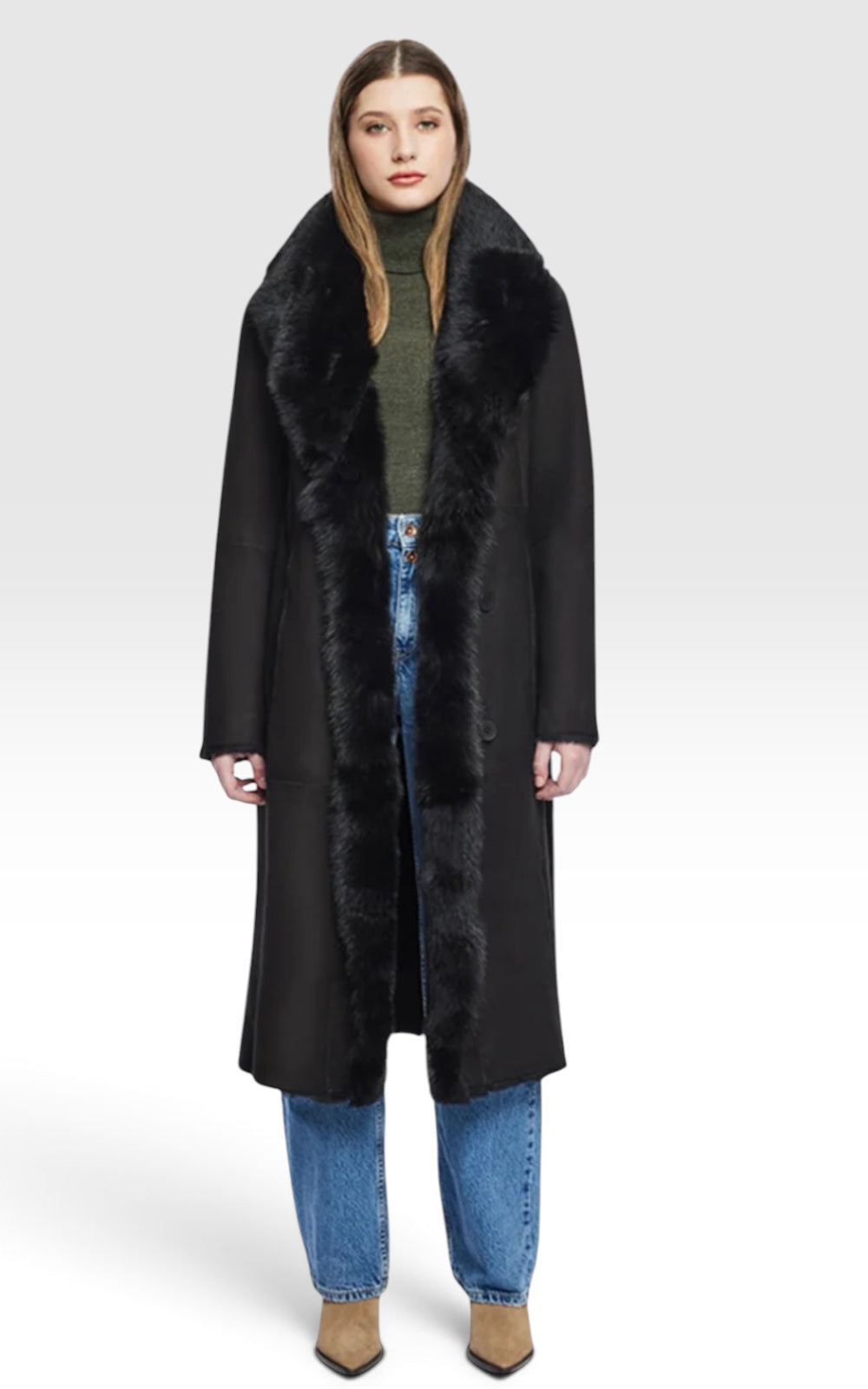 Manteau long en agneau retourné réversible
