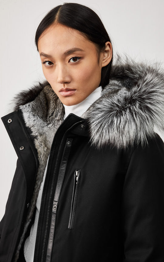 manteau Parka doublé de lapin et col en renard argente. 