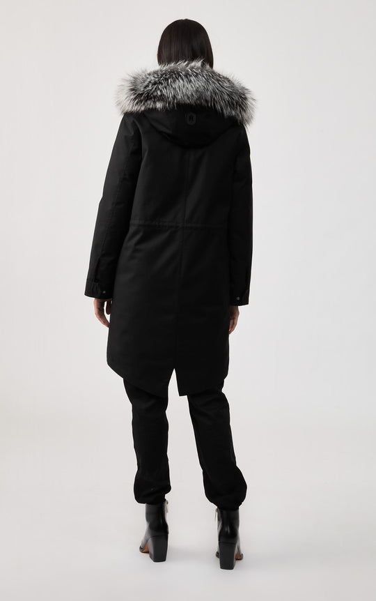 manteau Parka doublé de lapin et col en renard argente. 