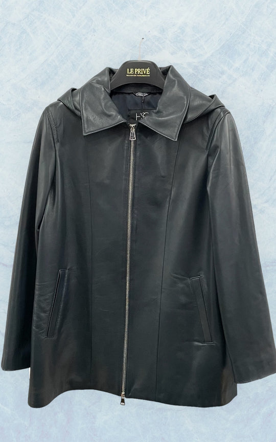 manteau en cuir noir avec capuchon