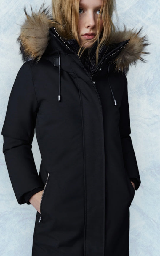 manteau en duvet noir capuchon fourrure par package