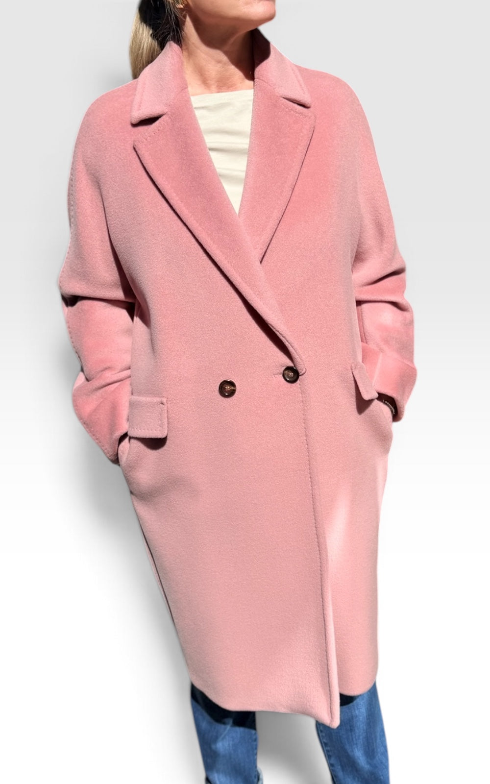 manteau en laine vierge longue au genou rose