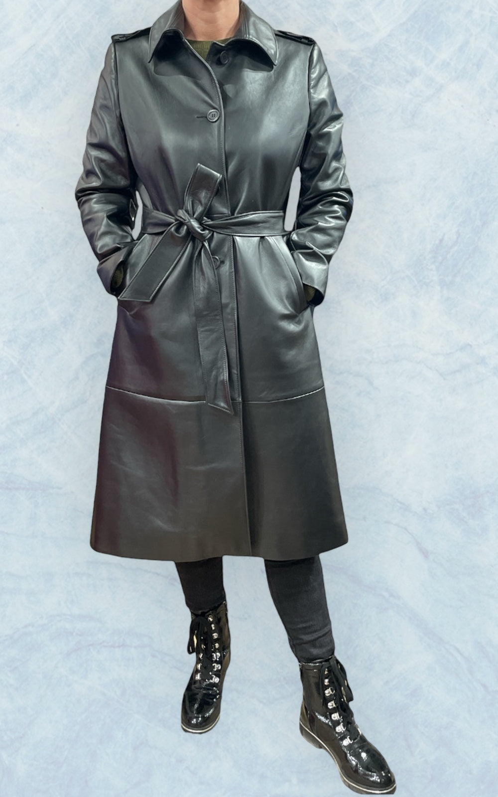 manteau en cuir trench long noir