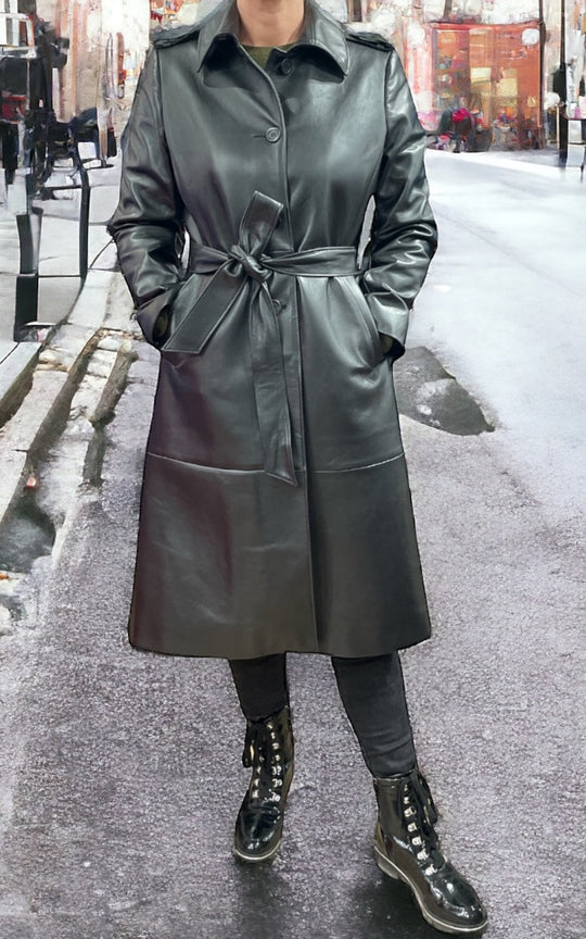 manteau en cuir trench long noir