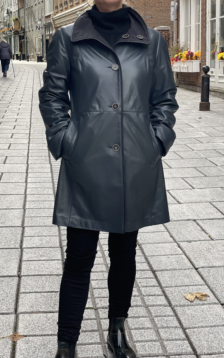 Manteau Cuir Vert Foncé – Taille 40 Femme, Hiver, Occasion Très Bon état
