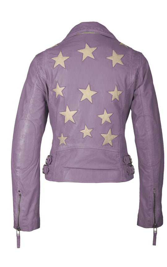 manteau en cuir court lilas avec étoiles au dos